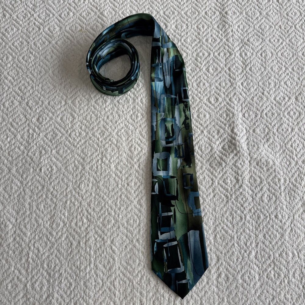 J. GARCIA 100% Silk Necktie LUXURY Green Blue Black Geometric Art